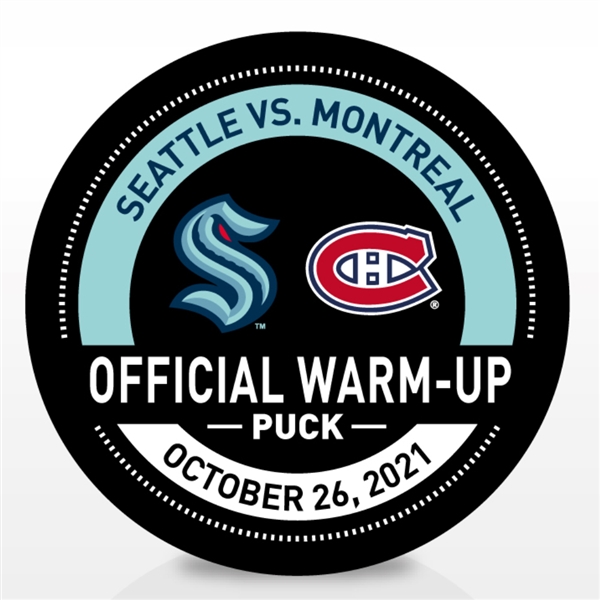 Seattle Kraken Warmup Puck<br>October 26, 2021 vs. Montreal Canadiens - Krakens 1st Win in Climate Pledge Arena History - Warm-Up Used Puck <br>Seattle Kraken 2021-22<br> 