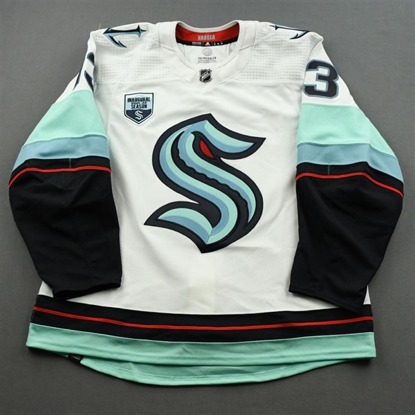 Tanev, Brandon<br>White First Game in Seattle Kraken History w/ Inaugural Season Patch - October 12, 2021 - 2nd Period Only<br>Seattle Kraken 2021-22<br>#13 Size: 56