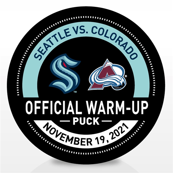 Seattle Kraken Warmup Puck<br>November 19, 2021 vs. Colorado Avalanche - Morning Skate Used Puck<br>Seattle Kraken 2021-22<br>