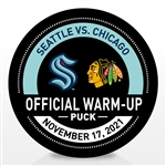 Seattle Kraken Warmup Puck<br>November 17, 2021 vs. Chicago Blackhawks - Morning Skate Used Puck<br>Seattle Kraken 2021-22<br>