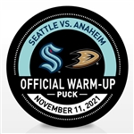 Seattle Kraken Warmup Puck<br>November 11, 2021 vs. Anaheim Ducks - Morning Skate Used Puck<br>Seattle Kraken 2021-22<br>
