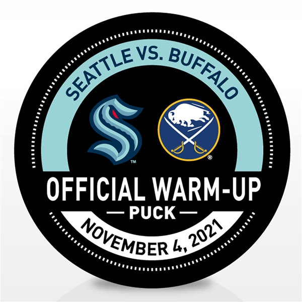 Seattle Kraken Warmup Puck<br>November 4, 2021 vs. Buffalo Sabres - Morning Skate Used Puck<br>Seattle Kraken 2021-22<br>