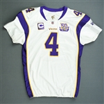 Favre, Brett *<br>White w/C & 50 year patch- worn 11/14/10 vs. Chicago - 1st Half Only - Autographed and Inscribed - Photo-Matched<br>Minnesota Vikings 2010<br>#4 Size: 48 Q