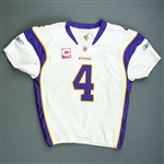 Favre, Brett *<br>White w/C - worn 10/11/09 vs. St. Louis - 1st half ONLY - Autographed and Inscribed - Photo-Matched<br>Minnesota Vikings 2009<br>#4 Size: 50 Q