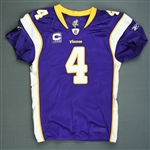 Favre, Brett *<br>Purple w/C - worn 1/17/10 vs. Dallas - Playoffs - 2nd half only - Autographed and Inscribed - Photo-Matched<br>Minnesota Vikings 2009<br>#4 Size: 48 Q