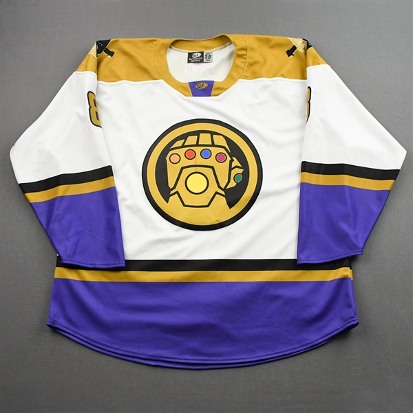 Drake, David<br>MARVEL Thanos w/Socks - Worn February 19, 2022 @ Reading Royals (Autographed)<br>Wheeling Nailers 2021-22<br>#8 Size: 58