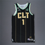 Ball, LaMelo<br>Black City Edition - Worn 7 Games - (12/16/22, 1/2/23, 1/10/23, 1/26/23, 2/2/23, 2/5/23, 2/8/23)<br>Charlotte Hornets 2022-23<br>#1 Size: 44+4