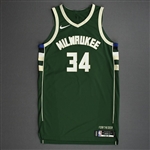 Antetokounmpo, Giannis *<br>Green Icon Edition Worn - 1/24/2021 - 1st Half (Recorded a Double-Double)<br>Milwaukee Bucks 2020-21<br>#34 Size: 48+6