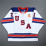 van Riemsdyk, James *<br>White Throwback, Sochi Olympics 2-16-14 vs. Slovenia (Warm -up and 1st Period)<br>Team USA Hockey 2014<br>#21 Size: 56