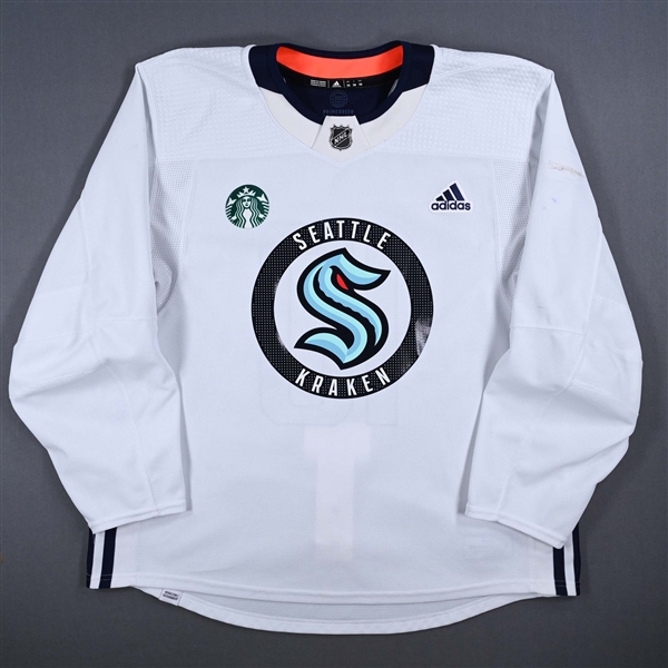 Beniers, Matty<br>White Practice Jersey w/ Starbucks Patch<br>Seattle Kraken 2023-24<br>#10 Size: 56