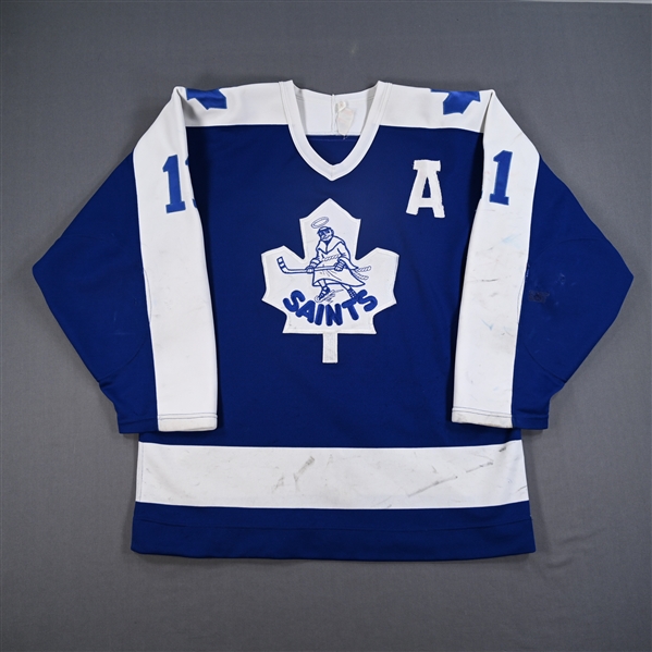 Jarvis, Wes *<br>Blue w/A,  AHL 50th Year Patch<br>St. Catharines Saints 1985-86<br>#11 Size: 