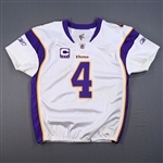 Favre, Brett *<br>White w/C - Worn 9/20/2009 vs. Detroit Lions - 1 of 2 - Autographed and Inscribed<br>Minnesota Vikings 2009<br>#4 Size: 50 Q