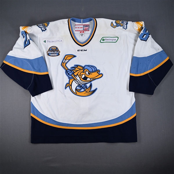 Kontos, Kristoff *<br>White w/ Winterfest patch<br>Toledo Walleye 2013-14<br>#28 Size: 56