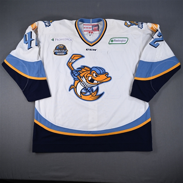Seckel, Reed *<br>White w/ Winterfest patch<br>Toledo Walleye 2014-15<br>#42 Size: 56